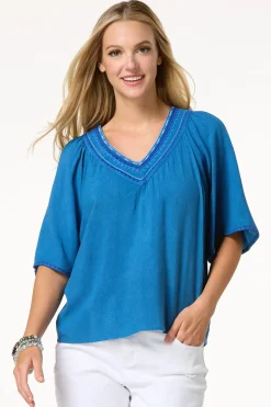 Aztec Embroidered Chambray Top