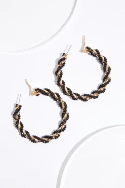 Black Bead Gold Twist Hoop Earrings