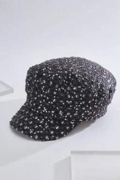 Black Denim Sequin Cabbie Hat
