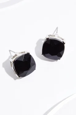 Black Faceted Square Button Earrings