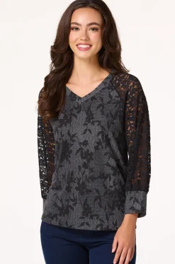 Black Floral Lace Sleeve Top