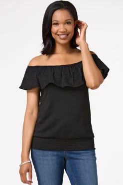 Black Smocked Eyelet Top