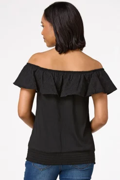 Black Smocked Eyelet Top