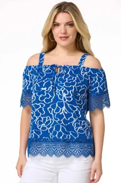 Blue Floral Cold Shoulder Top
