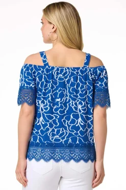 Blue Floral Cold Shoulder Top