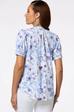 Blue Floral Smocked Sleeve Top