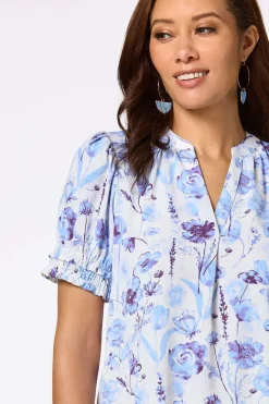 Blue Floral Smocked Sleeve Top