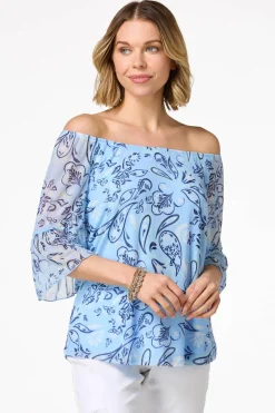 Blue Mesh Floral Top