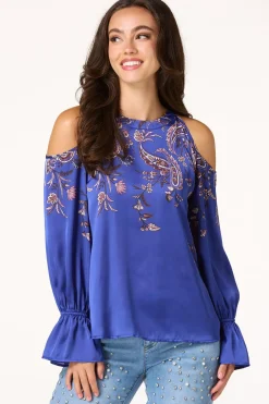 Blue Paisley Cold Shoulder Top