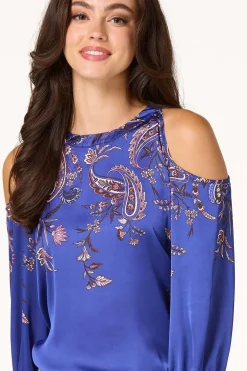 Blue Paisley Cold Shoulder Top