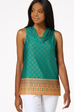 Border Print Cowl Neck Tank