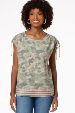Camo Ruched Sleeve Top
