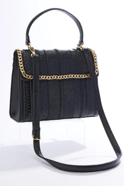 Chain Trim Mixed Material Satchel
