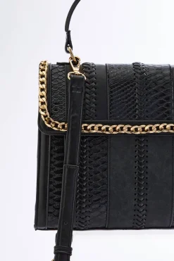 Chain Trim Mixed Material Satchel