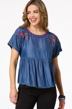 Chambray Embroidered Babydoll Top