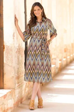 Chevron Tie Waist Shirt Dress
