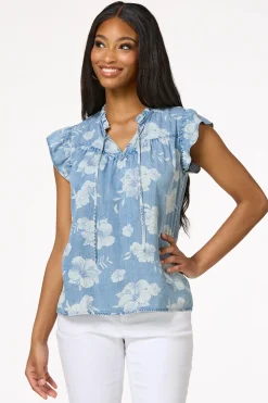 Contrast Floral Chambray Top
