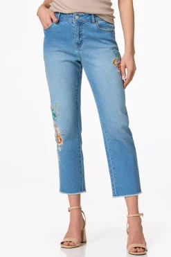 Cropped Embroidered Floral Jeans