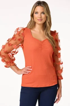 3d Floral Sleeve Ribbed Top