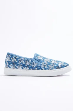 Embellished Distressed Denim Sneakers