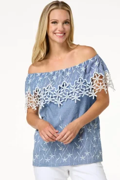 Embroidered Chambray Top