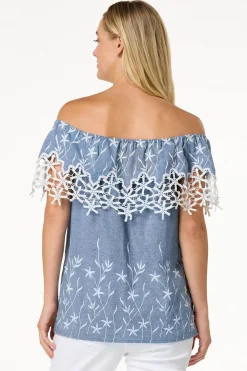 Embroidered Chambray Top