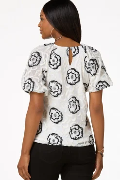 Embroidered Mesh Puff Sleeve Top