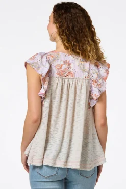 Eyelet Paisley Flutter Sleeve Top