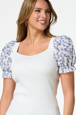 Floral Eyelet Puff Sleeve Sweater