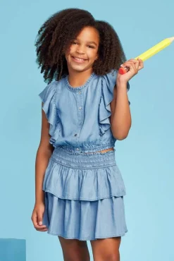 Girls Chambray Ruffled Top