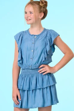 Girls Chambray Ruffled Top