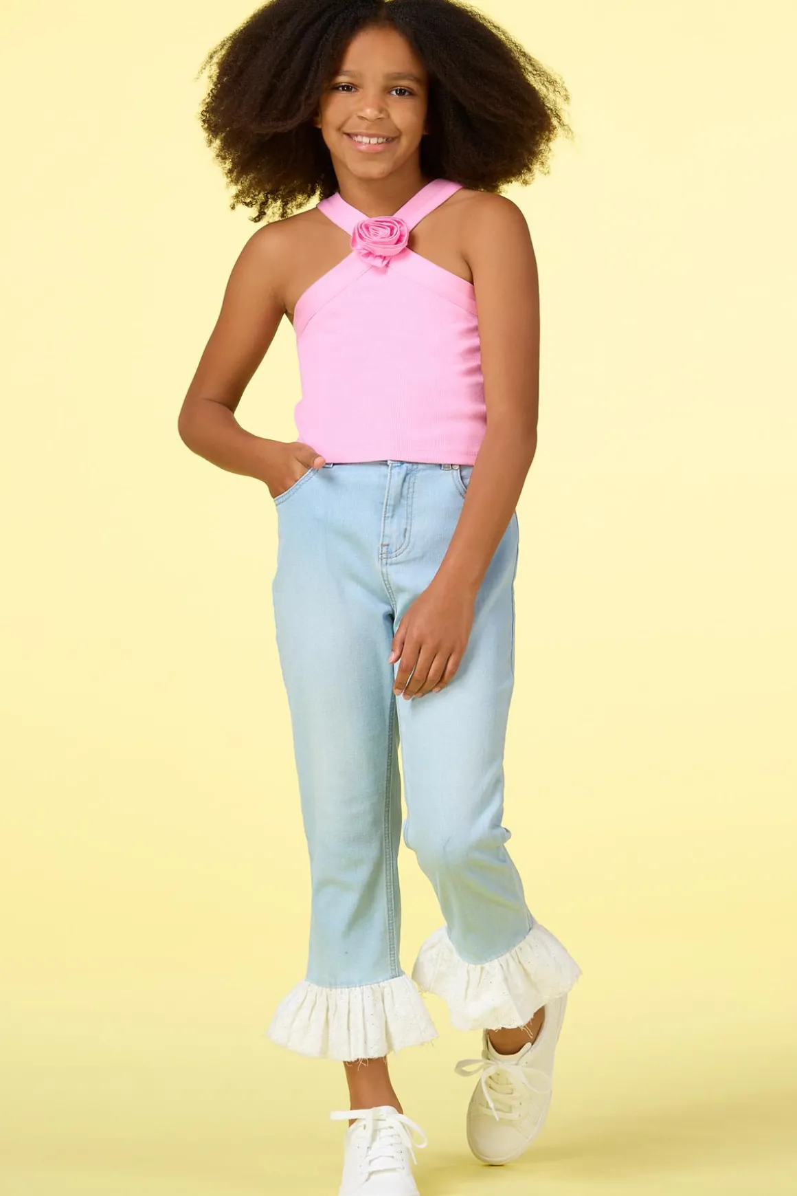 Girls Cropped Eyelet Hem Jeans