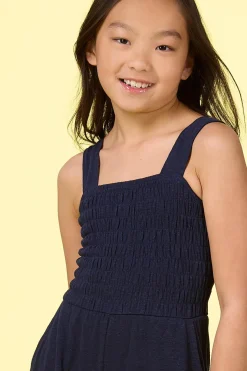 Girls Navy Smocked Jumpsuit