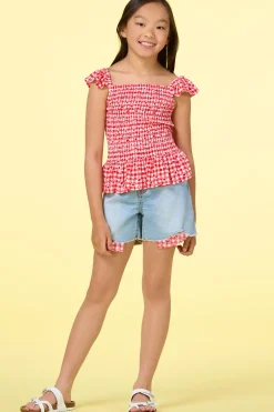 Girls Peek A Boo Print Denim Shorts