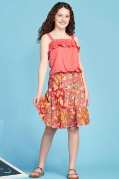 Girls Tiered Button Floral Skirt