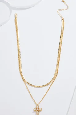 Gold Pearl Cross Pendant Layered Necklace