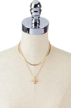 Gold Pearl Cross Pendant Layered Necklace