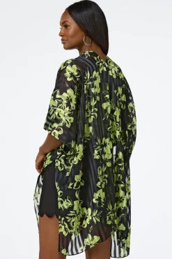 Green Floral Illusion Stripe Kimono