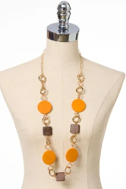 Green Wood Gold Ring Long Necklace Set