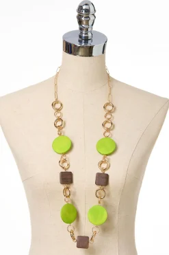 Green Wood Gold Ring Long Necklace Set