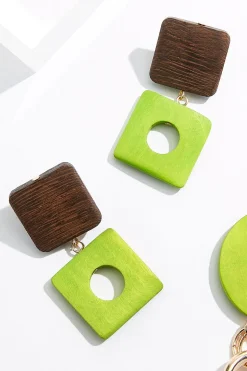 Green Wood Gold Ring Long Necklace Set
