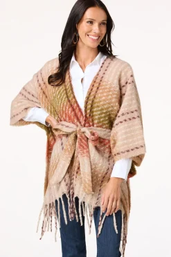 Houndstooth Plaid Tie Waist Poncho