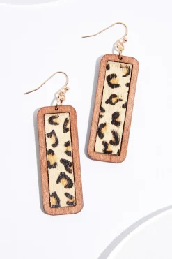 Leopard Fur Wood Rectangle Earrings