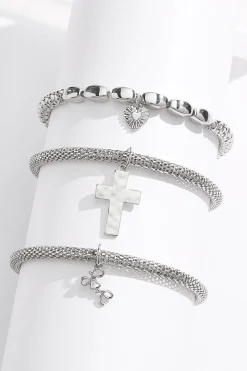 Love Cross Silver Stretch Bracelet Set