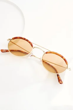 Metal Tortoise Slim Round Sunglasses