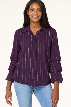 Metallic Stripe Ruffled Sleeve Shirt