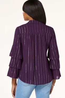 Metallic Stripe Ruffled Sleeve Shirt