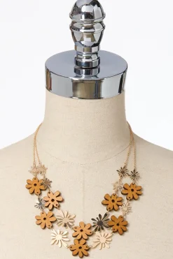 Mod Wood Flower Necklace Earring Set