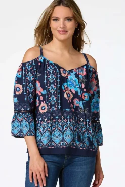 Navy Floral Cold Shoulder Top
