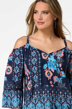Navy Floral Cold Shoulder Top